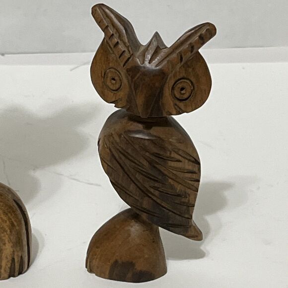 2 Adorable Hand Carved MCM Wood Owl Statue Figurines Unique Weirdo 8” & 5” - Picture 3 of 7